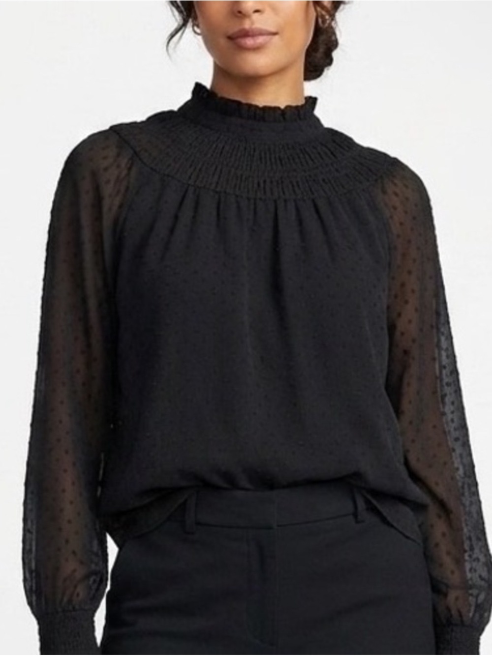 LOFT Ann Taylor Swiss Polka Dot High Neck Ruffle Pleated Long Sleeve Blouse Top